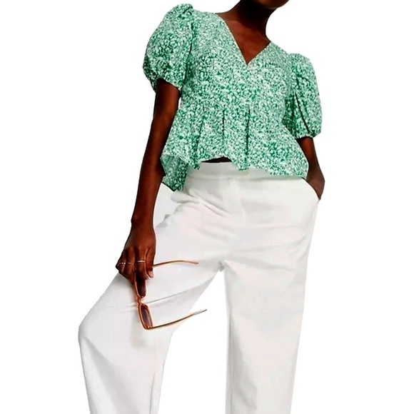 TOPSHOP Blouse Bitsy Green Floral Peplum Shirt Top Cutout Tie Back Plunge Neck - Picture 12 of 14